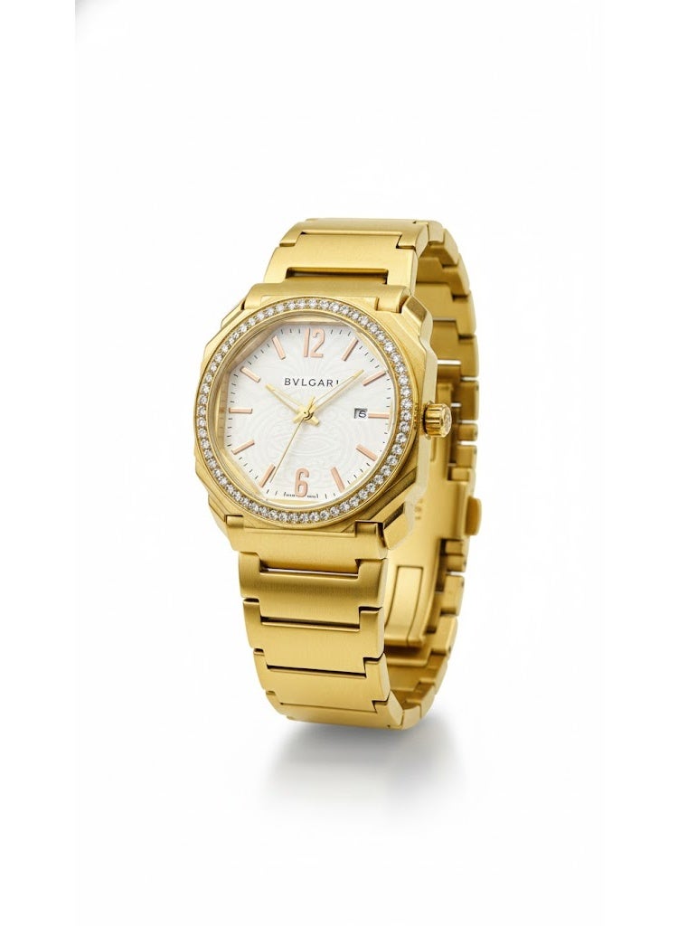 بولغاري ساعة بولغاري نسائية من الفولاذ المقاوم للصدأ باللون الذهبي مع مينا أبيض وإطار مرصع بالألماس