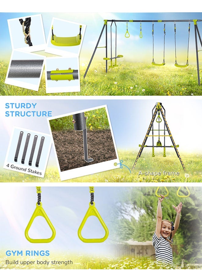 JSAITOYS 5 in 1 Kids Garden Swing Set for Backyard, Outdoor Play Equipment, w/ Adjustable Swing Seats, Seesaw, Basket Hoop, Gym Rings, A-Frame Metal Stand, for Ages 3-10 Years - Image 3