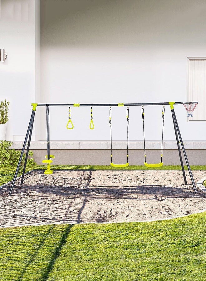 JSAITOYS 5 in 1 Kids Garden Swing Set for Backyard, Outdoor Play Equipment, w/ Adjustable Swing Seats, Seesaw, Basket Hoop, Gym Rings, A-Frame Metal Stand, for Ages 3-10 Years - Image 1