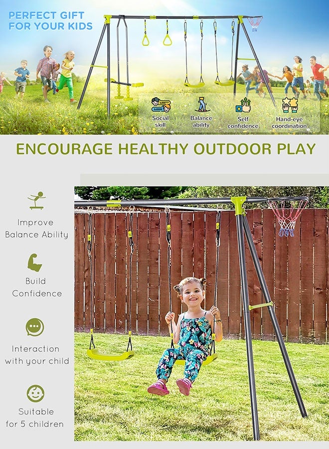 JSAITOYS 5 in 1 Kids Garden Swing Set for Backyard, Outdoor Play Equipment, w/ Adjustable Swing Seats, Seesaw, Basket Hoop, Gym Rings, A-Frame Metal Stand, for Ages 3-10 Years - Image 5