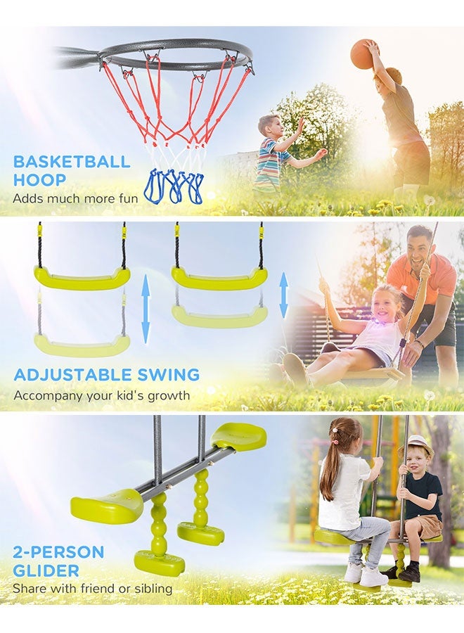 JSAITOYS 5 in 1 Kids Garden Swing Set for Backyard, Outdoor Play Equipment, w/ Adjustable Swing Seats, Seesaw, Basket Hoop, Gym Rings, A-Frame Metal Stand, for Ages 3-10 Years - Image 2
