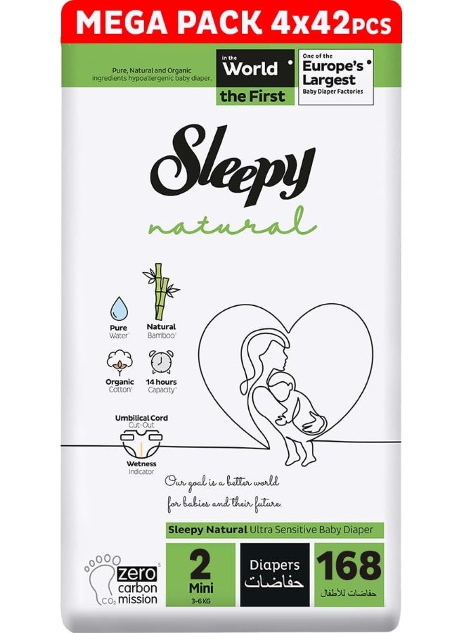 Sleepy Natural Size 2, 3-6Kg Hypoallergenic Baby Dry Diapers, Organic Cotton, Highly Absorbent, Bamboo Extract, Ultimate Comfort And Dryness, 100% Leakage Protection, 4 X 42 Count