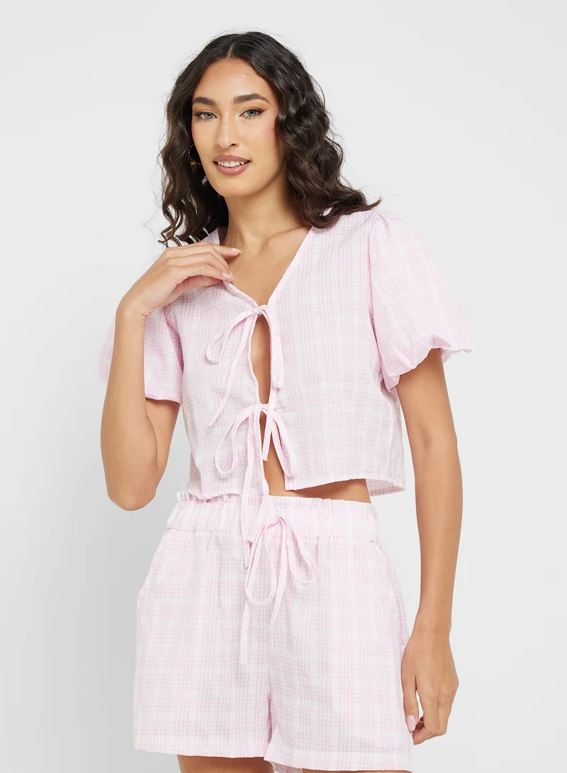 Ginger Gingham Puff Sleeves Bow Tie Up Top & Co-Ord Short Set