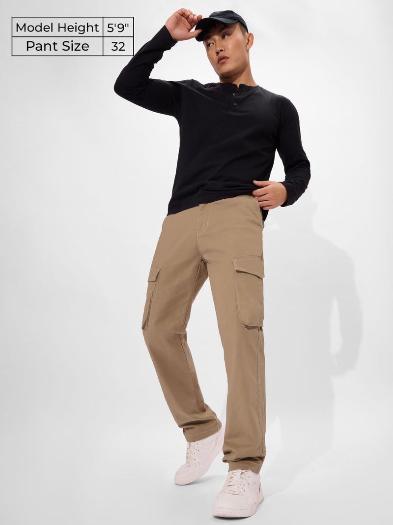 The Souled Store Solids: Dark Beige Men and Boys Buttoned Slim Fit Cotton Cargo Pants - Image 2