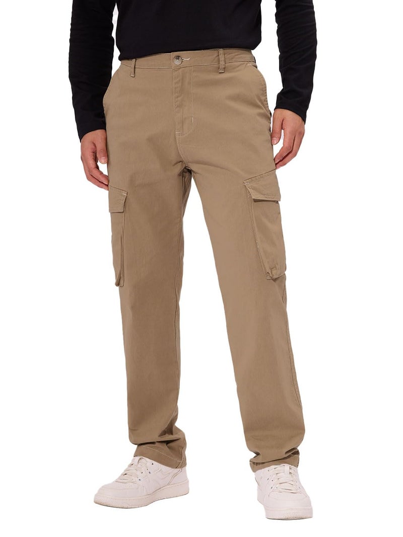The Souled Store Solids: Dark Beige Men and Boys Buttoned Slim Fit Cotton Cargo Pants - Image 1