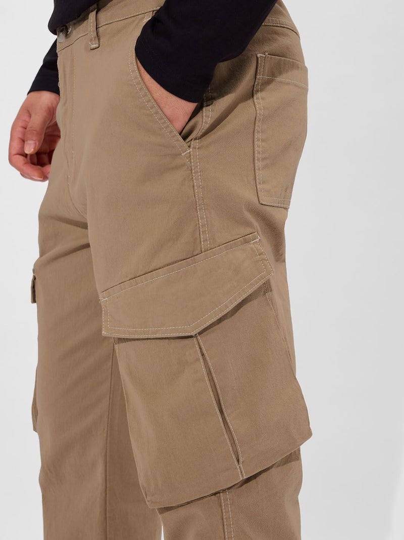 The Souled Store Solids: Dark Beige Men and Boys Buttoned Slim Fit Cotton Cargo Pants - Image 5