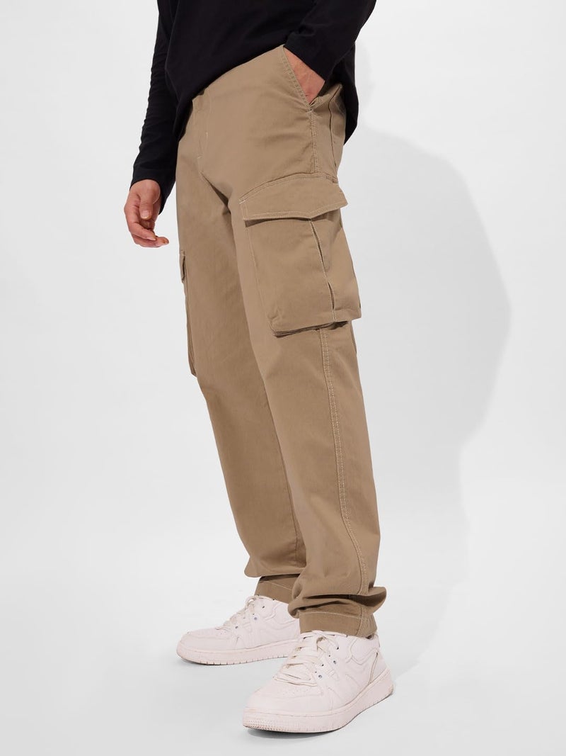 The Souled Store Solids: Dark Beige Men and Boys Buttoned Slim Fit Cotton Cargo Pants - Image 3