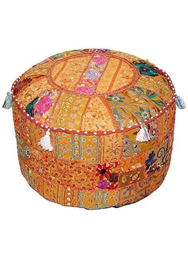 Aakriti Gallery Indian Pouf Footstool Ethnic Embroidered Pouf Cover, Indian Cotton Round Pouffe Ottoman Pouf Cover Pillow Ethnic Decor Art - Cover Only (Orange, 18X13) - Image 1
