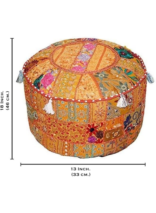 Aakriti Gallery Indian Pouf Footstool Ethnic Embroidered Pouf Cover, Indian Cotton Round Pouffe Ottoman Pouf Cover Pillow Ethnic Decor Art - Cover Only (Orange, 18X13) - Image 3