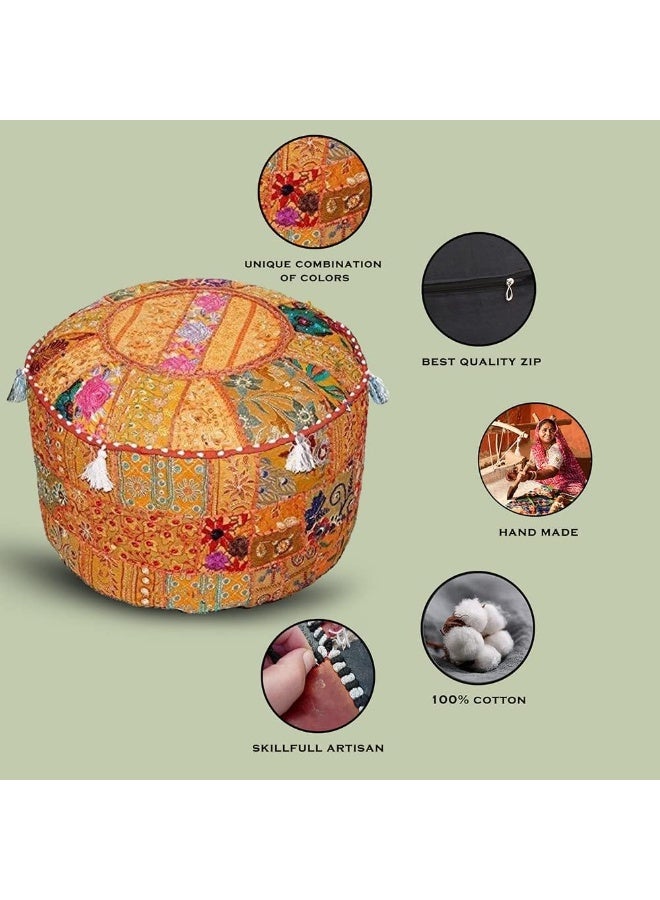 Aakriti Gallery Indian Pouf Footstool Ethnic Embroidered Pouf Cover, Indian Cotton Round Pouffe Ottoman Pouf Cover Pillow Ethnic Decor Art - Cover Only (Orange, 18X13) - Image 4