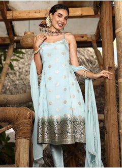  قصة Women's Powder Blue Floral Zari Anarkali Set  - Image 1
