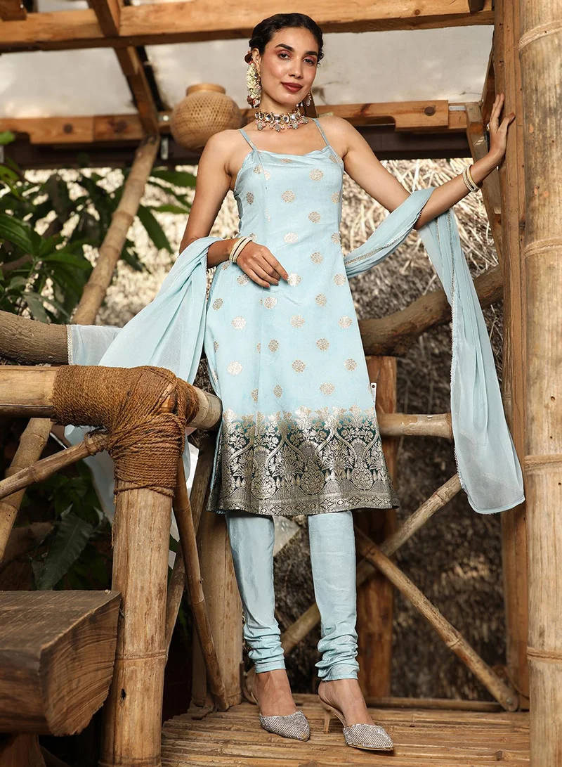 QISSA Women's Powder Blue Floral Zari Anarkali Set