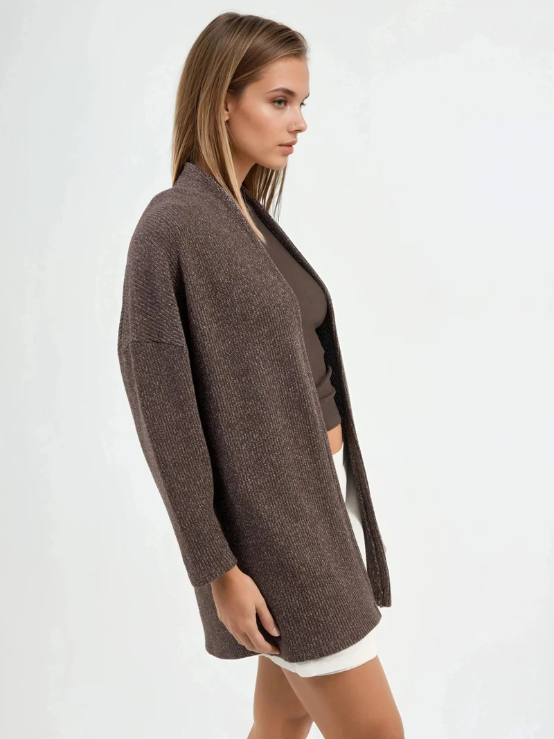 بوسيم BUSEM Long Ribbed Knit Cardigan with Open Collar