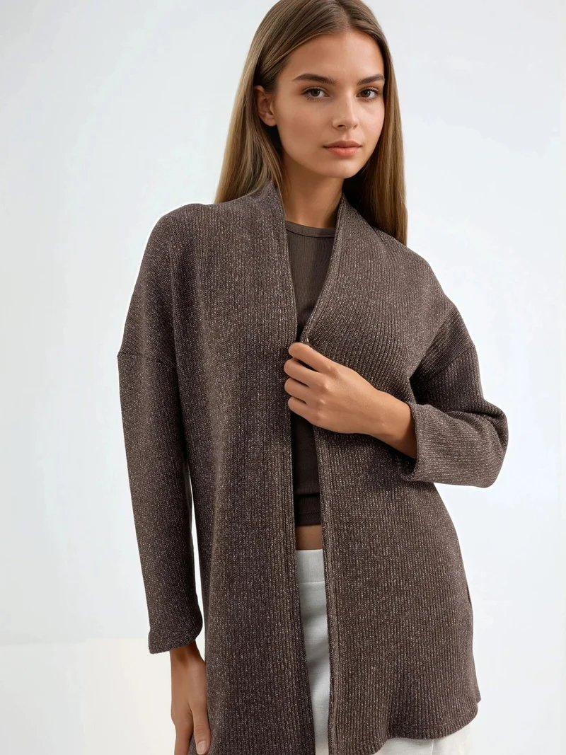 بوسيم BUSEM Long Ribbed Knit Cardigan with Open Collar