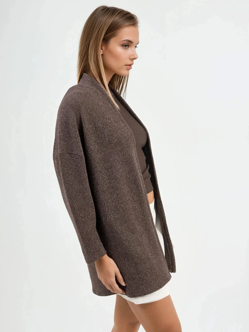 بوسيم BUSEM Long Ribbed Knit Cardigan with Open Collar