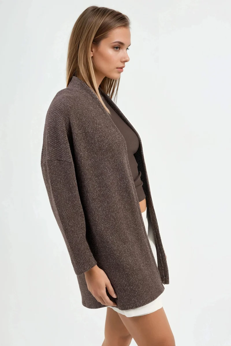 بوسيم BUSEM Long Ribbed Knit Cardigan with Open Collar