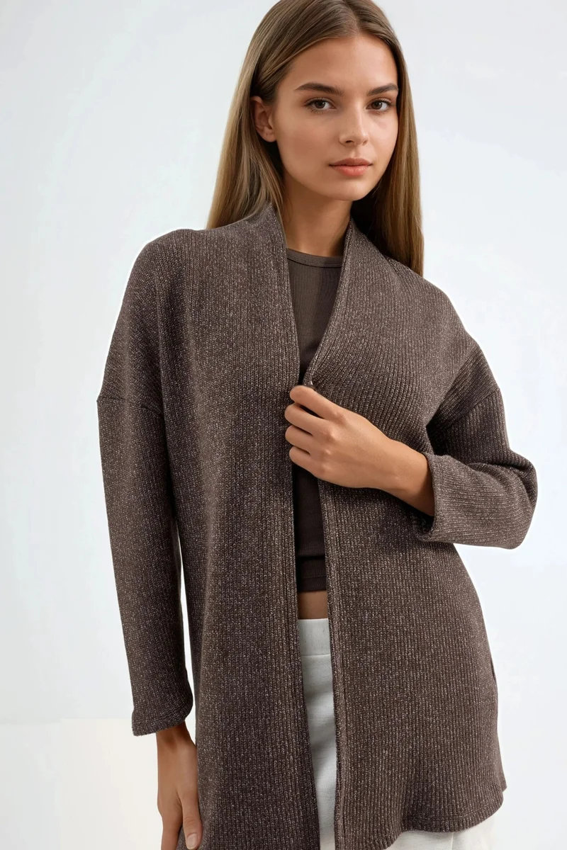 بوسيم BUSEM Long Ribbed Knit Cardigan with Open Collar