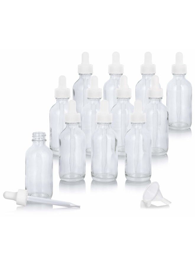 JUVITUS 2 oz Clear Glass Boston Round White Dropper Bottle (12 Pack) + Funnel for Essential Oils, Aromatherapy, e-Liquid, Food Grade, bpa Free - Image 1