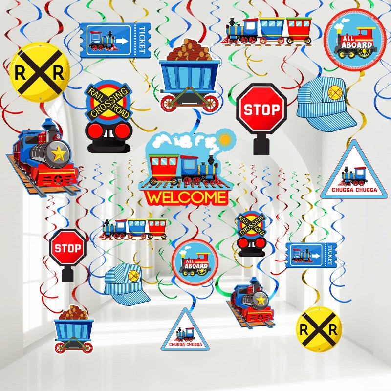 Nezyo 51 Pieces Train Birthday Decorations Transportation Hanging Swirls Steam Train Ceiling Decor for Railroad Traffic Sign Im Two Party Baby Shower Favors Supplies - Image 3