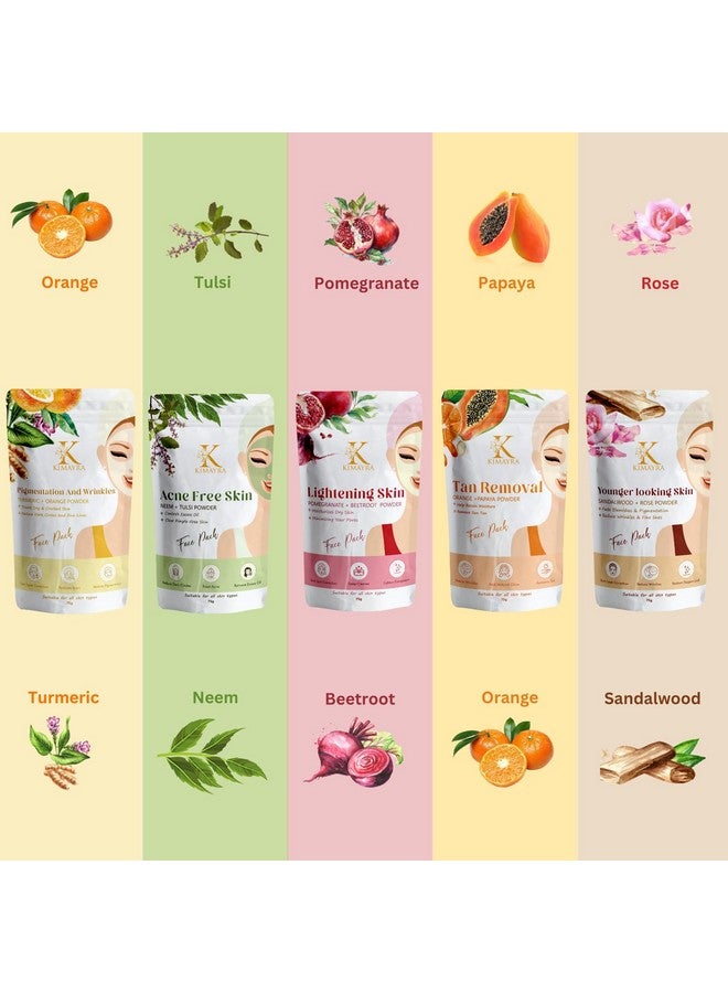 Kimayra Skin Care Combo Powder (Pomegranate + Beetroot, Neem + Tulsi, Orange + Papaya, Turmeric + Orange, Sandalwood + Saffron) - Face Pack Combo Powder for Natural Glowing Skin - 375Gm (75G X 5 Pack) - Image 2