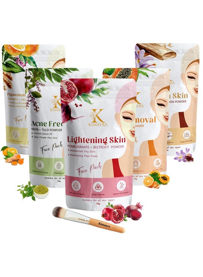 Kimayra Skin Care Combo Powder (Pomegranate + Beetroot, Neem + Tulsi, Orange + Papaya, Turmeric + Orange, Sandalwood + Saffron) - Face Pack Combo Powder for Natural Glowing Skin - 375Gm (75G X 5 Pack) - Image 1