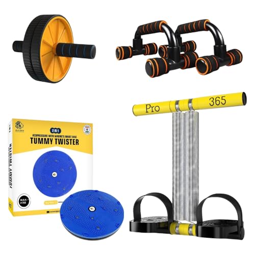 PRO365 Home Fitness Equipment Kit, Ab Roller Wheel, Push Up Bars, Tummy Twister Disc, Resistance Band with Foot Pedal, 4-in-1 Workout Set - Image 1