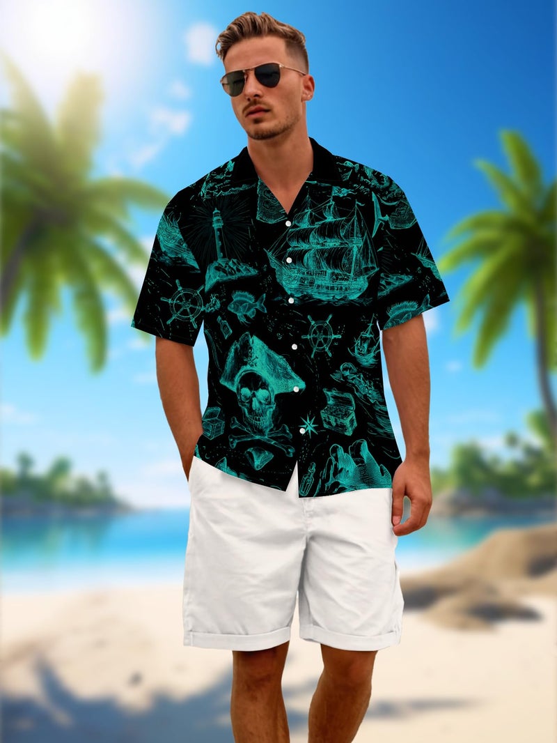 DFZ Men's Pirate Button Down Shirt Nautical Cruise Hawaiian Short Sleeve Shirt Pirate Night Outfits for Tropical Beach Party - Image 2