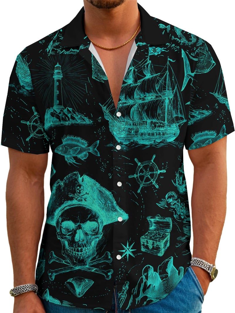 DFZ Men's Pirate Button Down Shirt Nautical Cruise Hawaiian Short Sleeve Shirt Pirate Night Outfits for Tropical Beach Party - Image 1