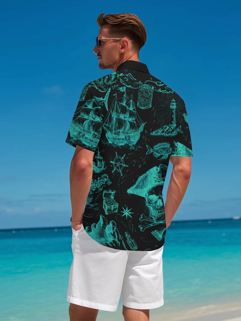 DFZ Men's Pirate Button Down Shirt Nautical Cruise Hawaiian Short Sleeve Shirt Pirate Night Outfits for Tropical Beach Party - Image 3