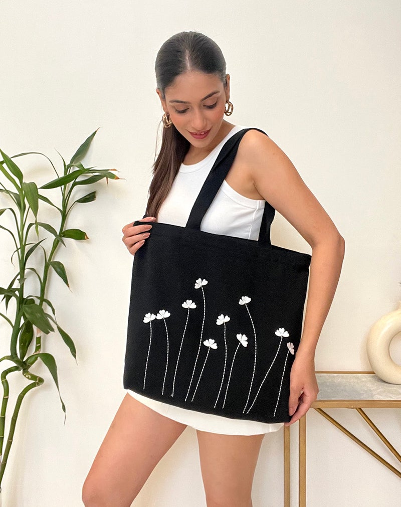 MASQ by Q-One Poppy Flower Embroidered Canvas Tote Bags for Women with Zip, College Bag for Girls, 100% Organic Cotton Tote Bag for Traveling & Daily Use | Stylish Gifts for Women and Girl - Image 3