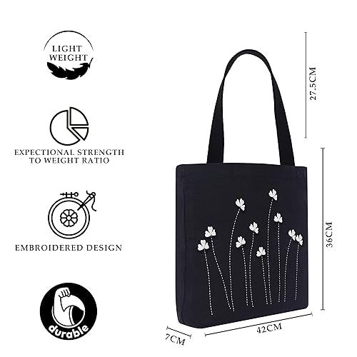 MASQ by Q-One Poppy Flower Embroidered Canvas Tote Bags for Women with Zip, College Bag for Girls, 100% Organic Cotton Tote Bag for Traveling & Daily Use | Stylish Gifts for Women and Girl - Image 4