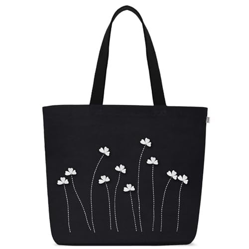 MASQ by Q-One Poppy Flower Embroidered Canvas Tote Bags for Women with Zip, College Bag for Girls, 100% Organic Cotton Tote Bag for Traveling & Daily Use | Stylish Gifts for Women and Girl - Image 1