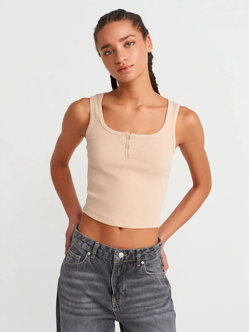 ديلفين Dilvin Women's Ribbed Crop Button-front Cami Blouse