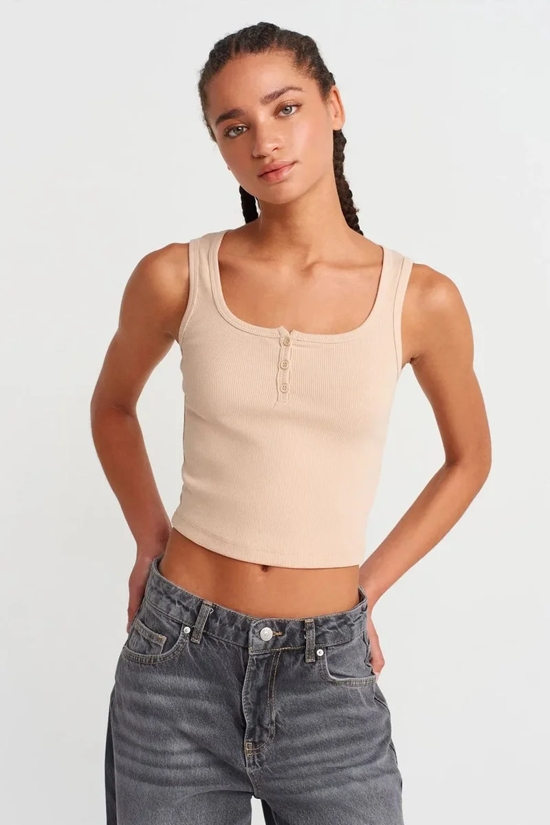 DILVIN Women's Ribbed Crop Button-front Cami Blouse