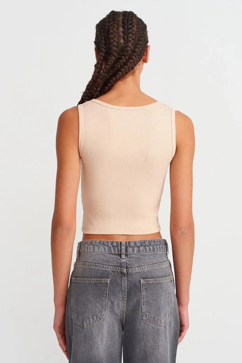 Dilvin Beige Natural DILVIN Women's Ribbed Crop Button-front Cami Blouse for Women | Best Price UAE