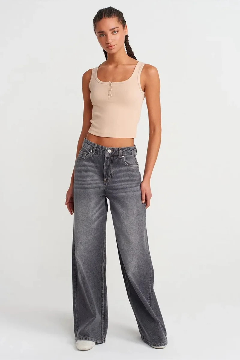 Dilvin Beige Natural DILVIN Women's Ribbed Crop Button-front Cami Blouse for Women | Best Price UAE