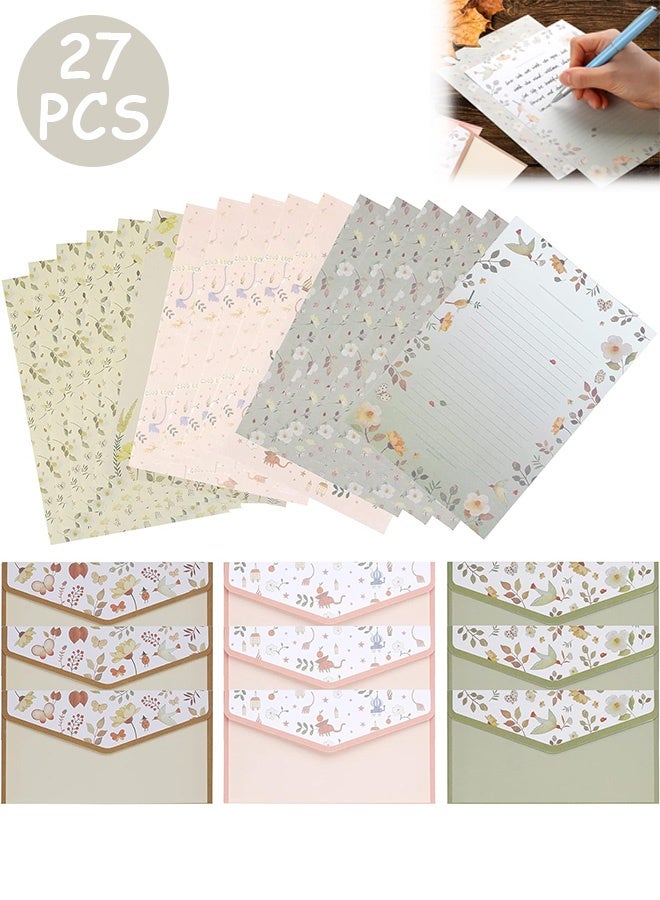 إم إكس إن مجموعة 27 قطعة من ورق الكتابة الثابت مع الأظرف - كتابة حروف زهرية عتيقة لطيفة وأظرف ورقية قرطاسية (18 ورقة مع 9 أظرف) - Image 1