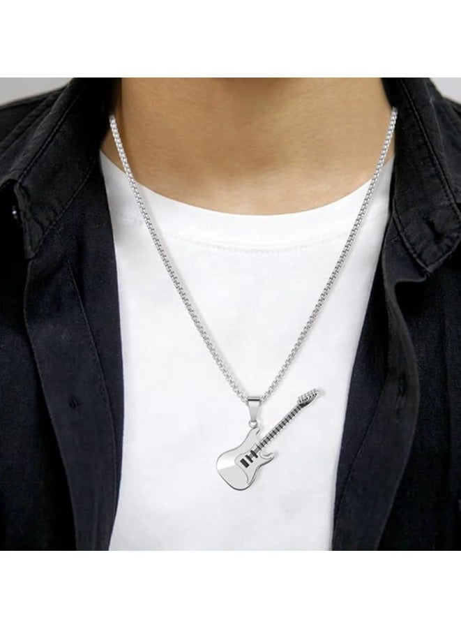 MARIO DRAFTS Stainless Steel Electric Guitar Pendant Necklace with Chain for Men's, Silver - Image 2