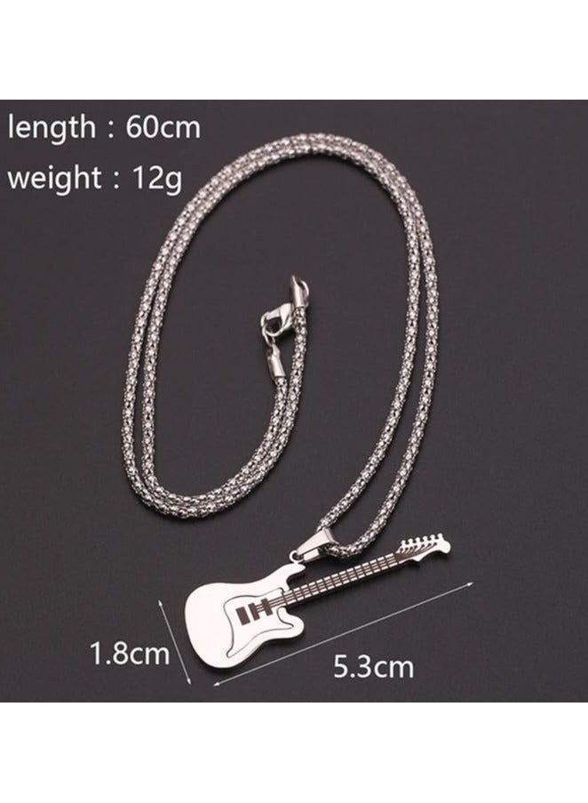 MARIO DRAFTS Stainless Steel Electric Guitar Pendant Necklace with Chain for Men's, Silver - Image 4