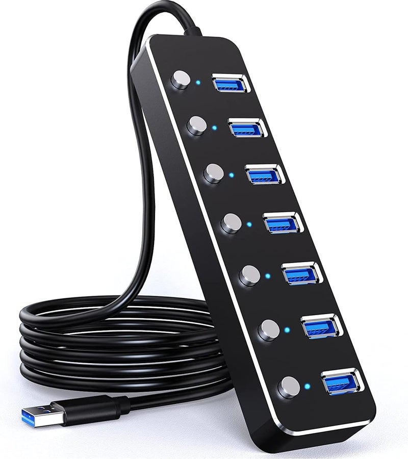 ChicAbode محوّل USB 3.0 بـ 7 منافذ مع مؤشرات LED ومفاتيح تشغيل فردية - Image 1
