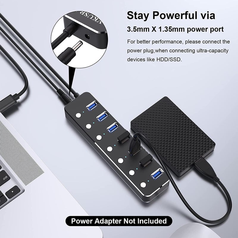 ChicAbode محوّل USB 3.0 بـ 7 منافذ مع مؤشرات LED ومفاتيح تشغيل فردية - Image 5
