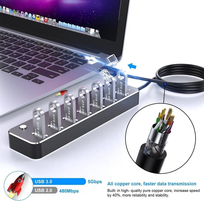ChicAbode محوّل USB 3.0 بـ 7 منافذ مع مؤشرات LED ومفاتيح تشغيل فردية - Image 3