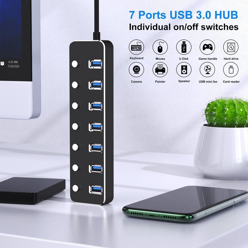 ChicAbode محوّل USB 3.0 بـ 7 منافذ مع مؤشرات LED ومفاتيح تشغيل فردية - Image 2