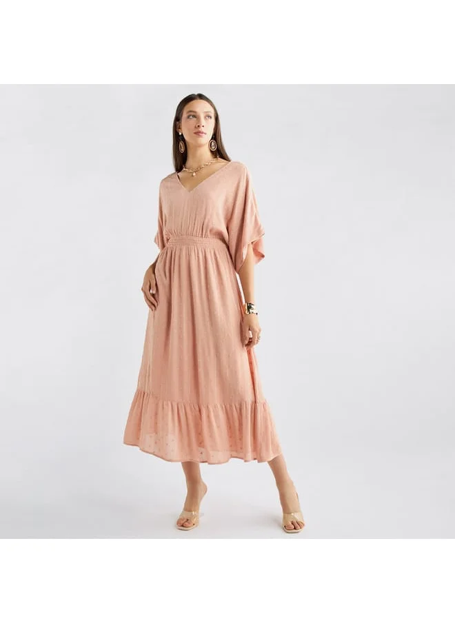 FAV Textured V-neck Dress with Extended Sleeves and Flounce Hem