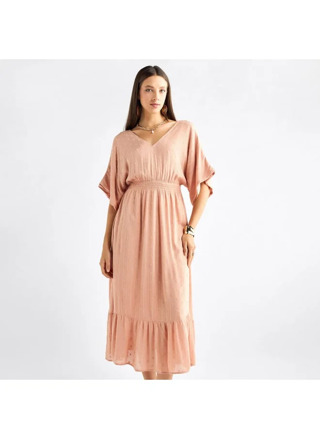 FAV Textured V-neck Dress with Extended Sleeves and Flounce Hem