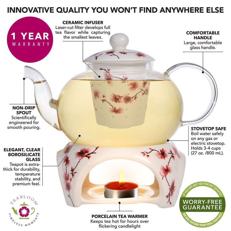 Teabloom Petite Cherry Blossom Teapot & Flowering Tea Gift Set - Glass Teapot (27 OZ / 2-3 Cups), Porcelain Lid, Loose Tea Infuser, Tea Warmer + Candle, 2 Flowering Teas - Image 3