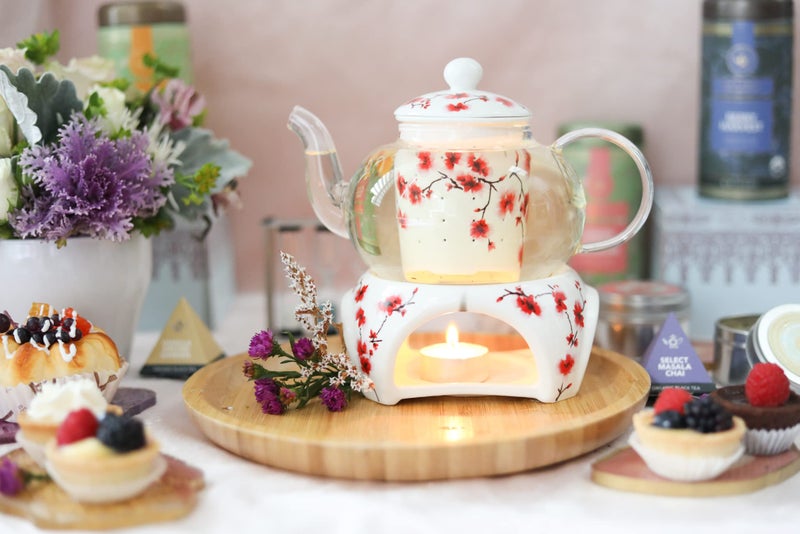 Teabloom Petite Cherry Blossom Teapot & Flowering Tea Gift Set - Glass Teapot (27 OZ / 2-3 Cups), Porcelain Lid, Loose Tea Infuser, Tea Warmer + Candle, 2 Flowering Teas - Image 2