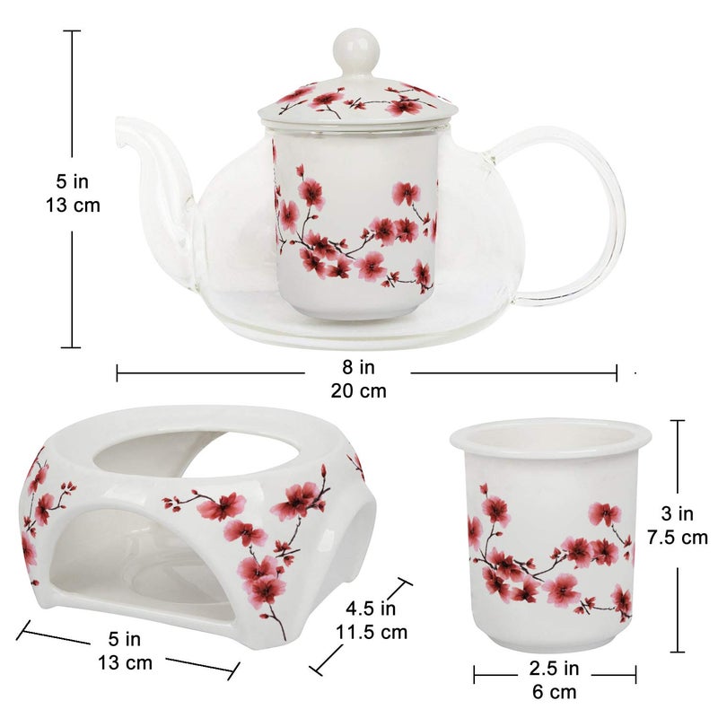 Teabloom Petite Cherry Blossom Teapot & Flowering Tea Gift Set - Glass Teapot (27 OZ / 2-3 Cups), Porcelain Lid, Loose Tea Infuser, Tea Warmer + Candle, 2 Flowering Teas - Image 4