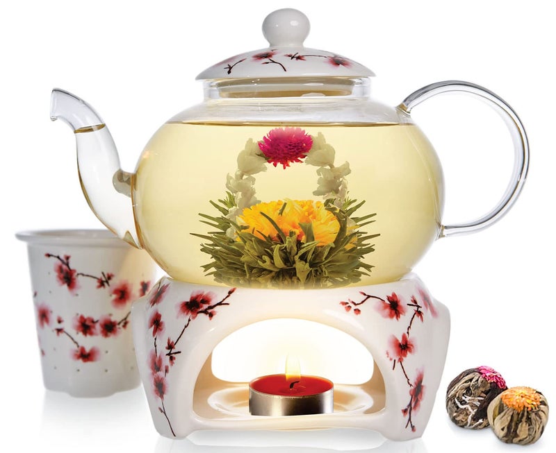 Teabloom Petite Cherry Blossom Teapot & Flowering Tea Gift Set - Glass Teapot (27 OZ / 2-3 Cups), Porcelain Lid, Loose Tea Infuser, Tea Warmer + Candle, 2 Flowering Teas - Image 1