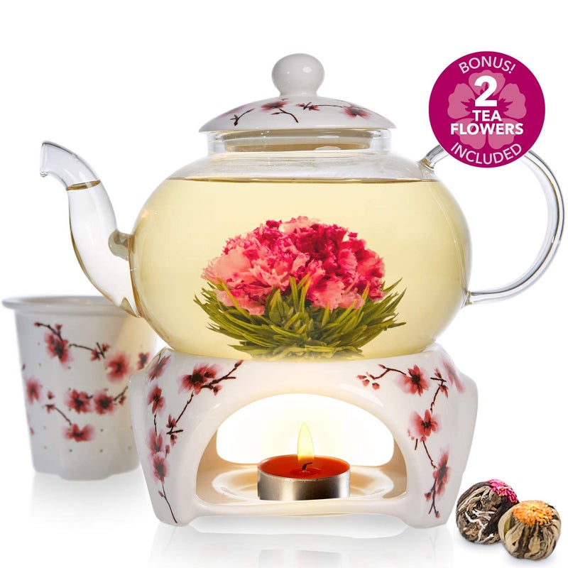 Teabloom Petite Cherry Blossom Teapot & Flowering Tea Gift Set - Glass Teapot (27 OZ / 2-3 Cups), Porcelain Lid, Loose Tea Infuser, Tea Warmer + Candle, 2 Flowering Teas - Image 5